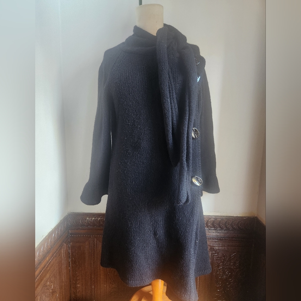 TIBI Wool Dark Blue/Black Scarf Sweater Coat Sz L
